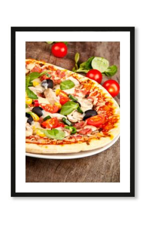 Delicious italian pizza served on wooden table