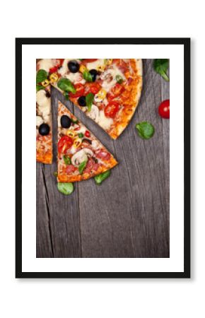 Delicious italian pizza served on wooden table