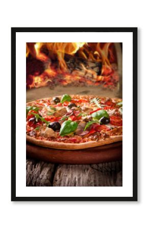 Delicious italian pizza served on wooden table