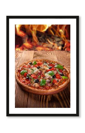 Delicious italian pizza served on wooden table