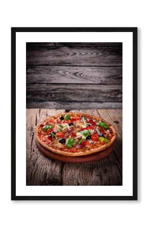 Delicious italian pizza served on wooden table