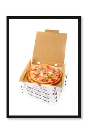 Takeaway salami or pepperoni pizza in a box