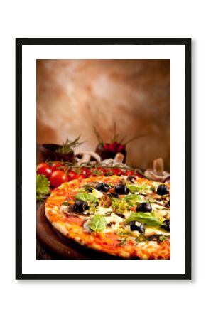 Delicious fresh pizza served on wooden table