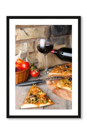 Pizza with wine and some ingredients on a firebricks background