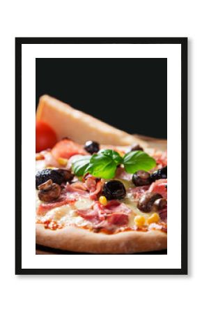 Delicious italian pizza served on wooden table