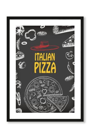 pizza Italian with raw material food design menu brochure advertise drawing style template , black color background vector illustration