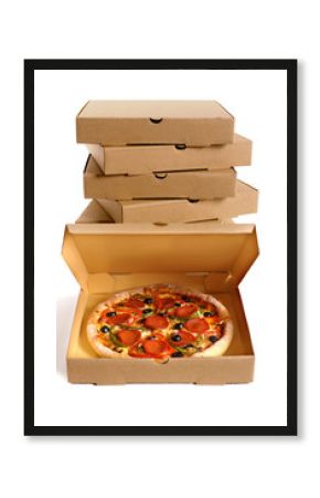 Pizza box top open showing pepperoni pizza inside in front of a pile stack of delivery boxes isolated on a white background photo