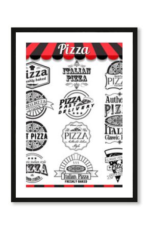 Vector pizza badges stickers and labels food set.