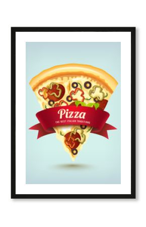 Pizza with red ribbon (a slice of pizza with sausage)