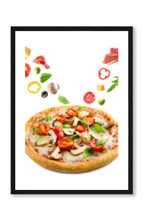 Delicious pizza with falling vegetables and pieces of meat, isolated on white