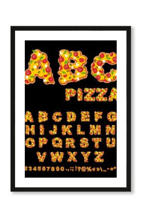ABC Pizza. Appetizing letters from fast food. Edible font of tra