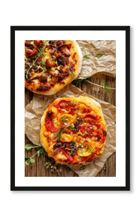 Small homemade vegetable pizza with addition of grilled pepper, tomatoes, cheese and herbs  on a wooden table