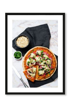 Sweet potato pizza crust with tomato, red onion and mushrooms