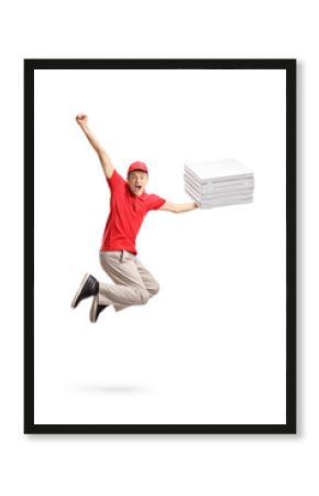 Overjoyed teenage pizza delivery boy jumping and gesturing happiness