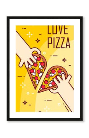 Illustration with hands and  .half of pizza. Vector banner for fast food. Thin line flat design.