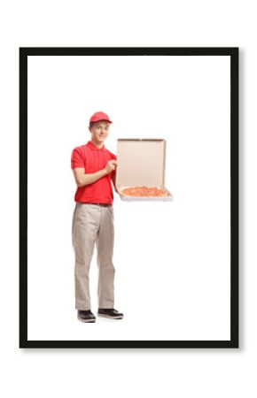 Teenage delivery boy holding a pizza box