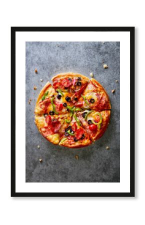 Pizza on a dark gray background  viewed from above. Copy space. Top view