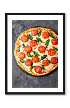 Pizza Margherita with mozzarella cheese, basil and tomatoes Traditional italian food. Classic recipe. Top view