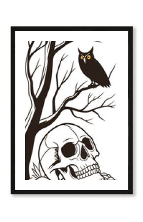 Halloween Owl and Skull Silhouette with Glowing Eyes Mobile Wallpaper Size 