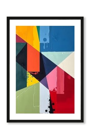 Bold geometric shapes with vivid colors create dynamic harmony.  Sharp lines and structured compositions form a harmonious, minimalistic abstract painting with vivid color contrasts.  