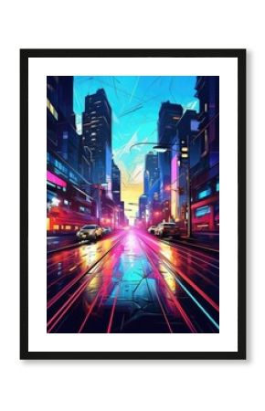 Modern night city with colorful 3D graffiti in street, illustration. Generative Ai.