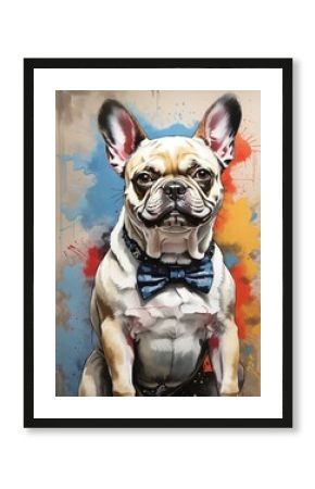 Street art style painting of a Boston Terrier wearing a blue bow-tie
