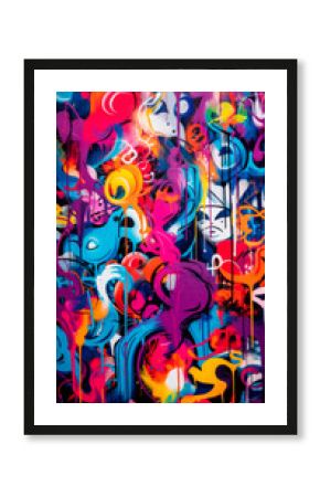 Abstract geometric multicolored graffiti with text and unusual shapes on a street wall The myriad of colors ranging from yellow to deep blue, pink, orange, dynamic swirls and splashes. Street art.