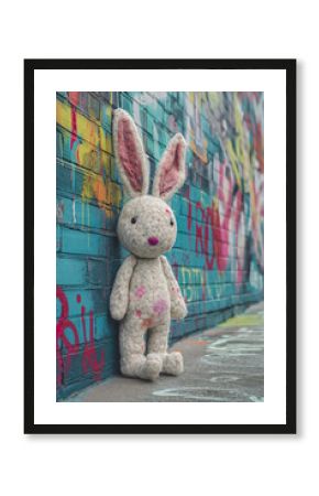 Verlorenes Spielzeug. Einsamer weißer Stoffhase an bunter Graffitiwand. Oster, Karten oder Poster Konzept
