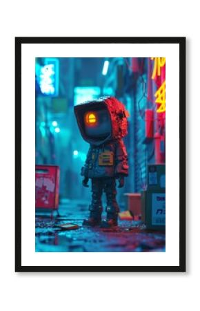 A figurine of a lonely astronaut in a neon-lit urban scene