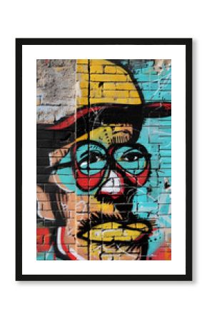 Vibrant Street Art Graffiti on Brick Wall, Abstract Face with Glasses and Hat, Concept of Urban Culture, Artistic Rebellion, and Creative Expression, Colorful Mural in Urban Setting