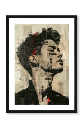 Abstract mixed-media portrait with newspaper background.