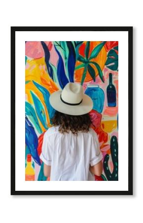 Young Woman Contemplating Colorful Mural Art in Bright Daylight