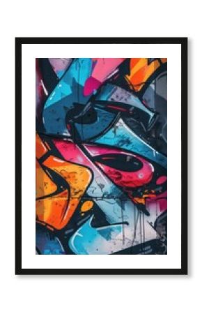 Colorful graffiti on city walls with 3D abstract elements. Urban street culture. 