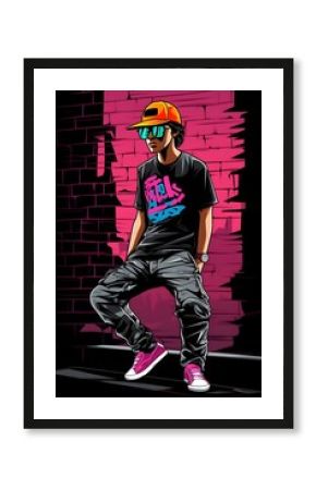 Stylish Streetwear Model Posing Before Vibrant Urban Backdrop in Psychedelic Cartoon