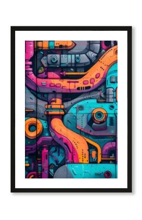Vibrant Cyberpunk Inspired Graffiti Mural with Mechanical Textures and Neon Accents