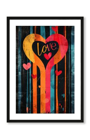 Vertical background in black with the inscription love in groove style. Generated by artificial intelligence