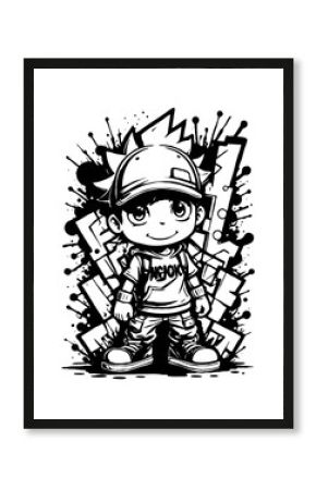 Cartoon black and white graffiti. Pattern for T-shirts, posters. Generated by Ai