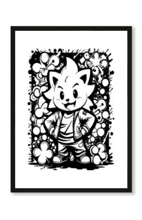 Cartoon black and white graffiti. Pattern for T-shirts, posters. Generated by Ai