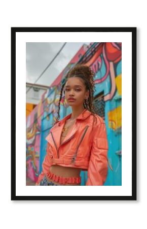 Urban Fashion Forward: Stylish Woman Posing Against Vibrant Graffiti Wall