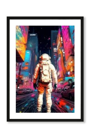 Futuristic Urban Astronaut: AI-Generated Animation of Whimsical Space Explorer in Vibrant Cityscape. Colorful Abstract Background Merging Sci-Fi and Street Art for Creative Marketing and Web Design In