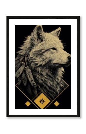 Wolf Head Emblem with Feathers & Gold Diamonds - Digital Art Streetwear Brand Logo for Luxury Apparel and Die-Cut Stickers