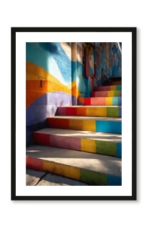 Bright rainbow staircase between buildings with pride mural colorful city