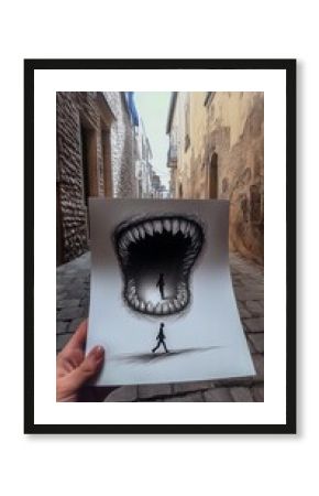 Surreal 3D optical illusion drawing of a monstrous mouth with sharp teeth, held in an old narrow European street, creating a dramatic visual contrast between reality and imagination