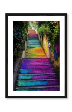 Vibrant urban staircase painted in a mesmerizing rainbow gradient, winding through lush greenery and creating an enchanting visual journey of color and nature.