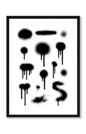 Black Spray Paint Drip and Splatter Elements, Graffiti Style Stencil Effect, Grunge Street Art Spray Spots and Drops Collection, Isolated Hand Painted Texture Illustration, Transparent Background