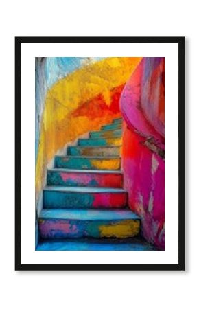 Vibrant staircase ascending through a colorful passageway, blending turquoise, yellow, pink, and orange hues in a mesmerizing artistic architectural composition that invites exploration and wonder.