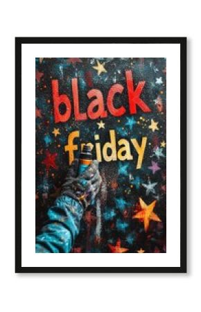 A hand wearing a glove holds a paint spray bottle, creating graffiti-style "Black Friday" text with stars on a dark black background, evoking a bold and urban street-art vibe..