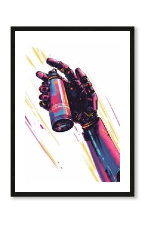 Robotic hand holding a spray can in a cyberpunk inspired graffiti fusion with neon streaks and a vibrant isolated white background  This digital art showcases a futuristic