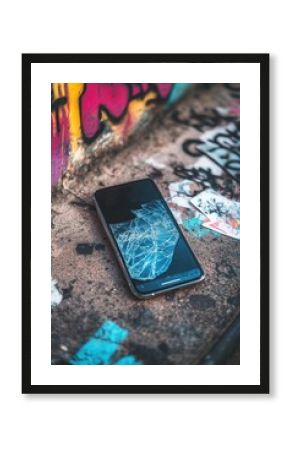 Zerbrochenes Smartphone auf einem urbanen Graffiti-Hintergrund