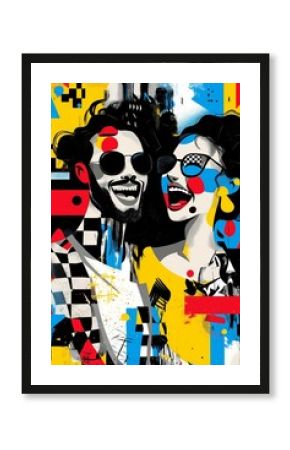 A vibrant pop art style illustration of a laughing couple wearing sunglasses, featuring bold colors, geometric patterns, and abstract shapes for a playful, retro-modern look